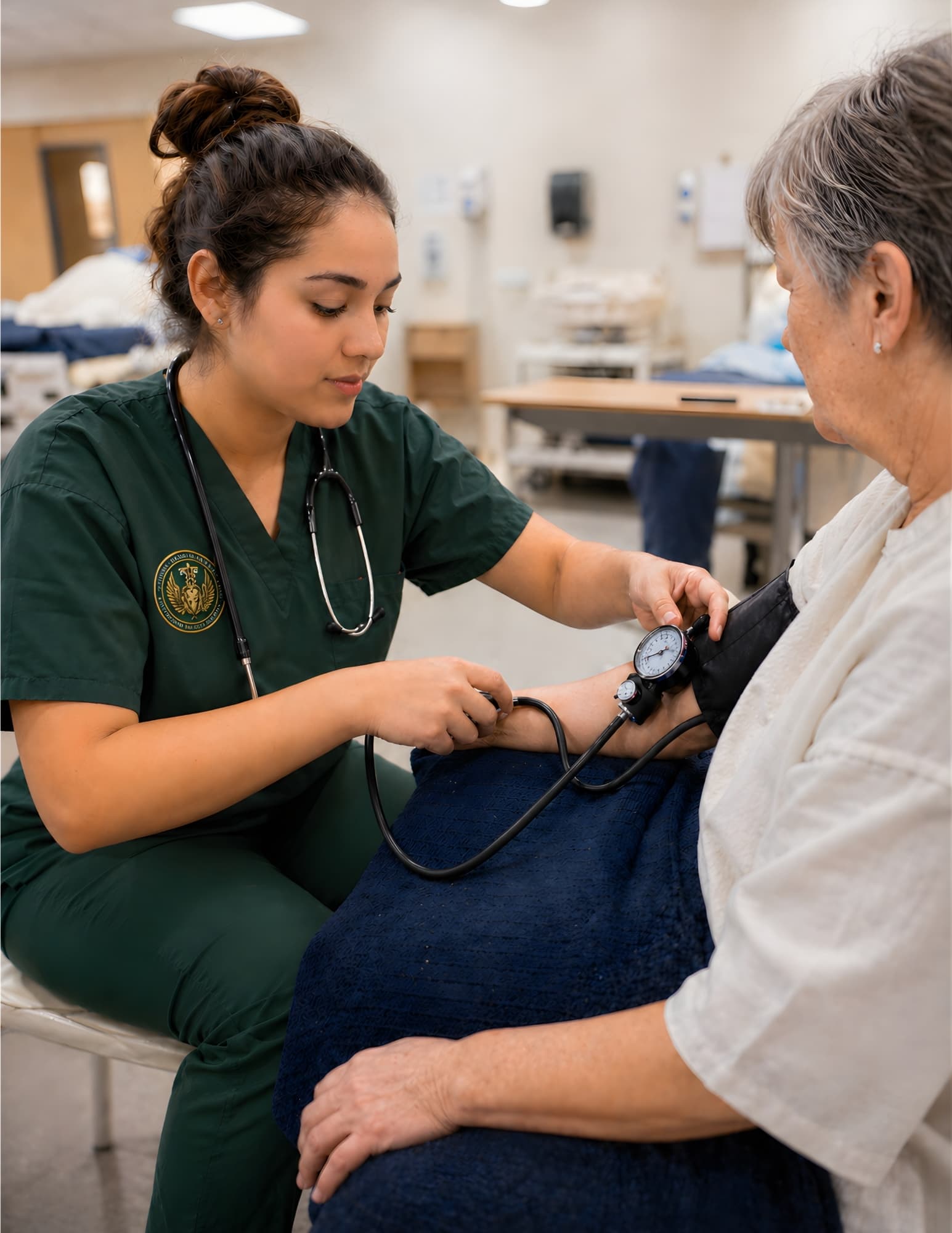 A CSHS student practices taking a blood pressure reading in the skills lab